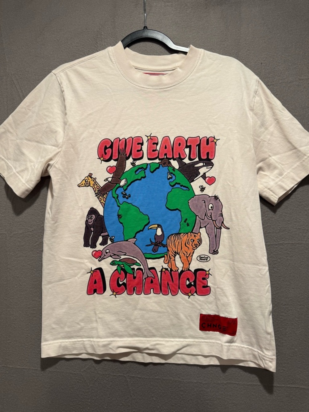 CHNGE Cream 'Give Earth a Chance' Graphic Tee with Colorful Animal Artwork